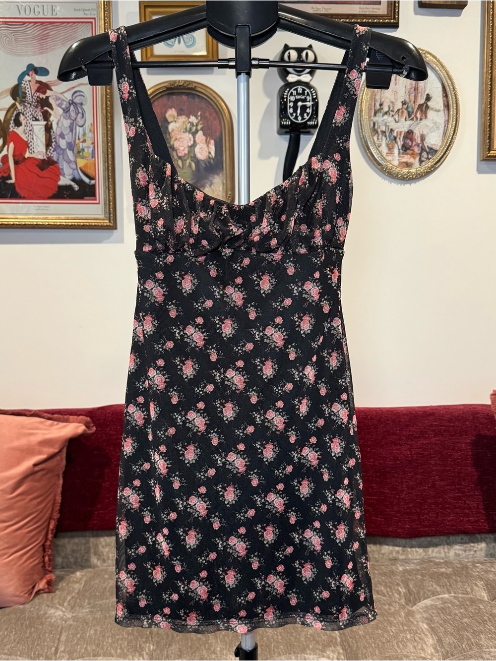 Urban Outfitters Black Slip Dress with Pink Floral Print